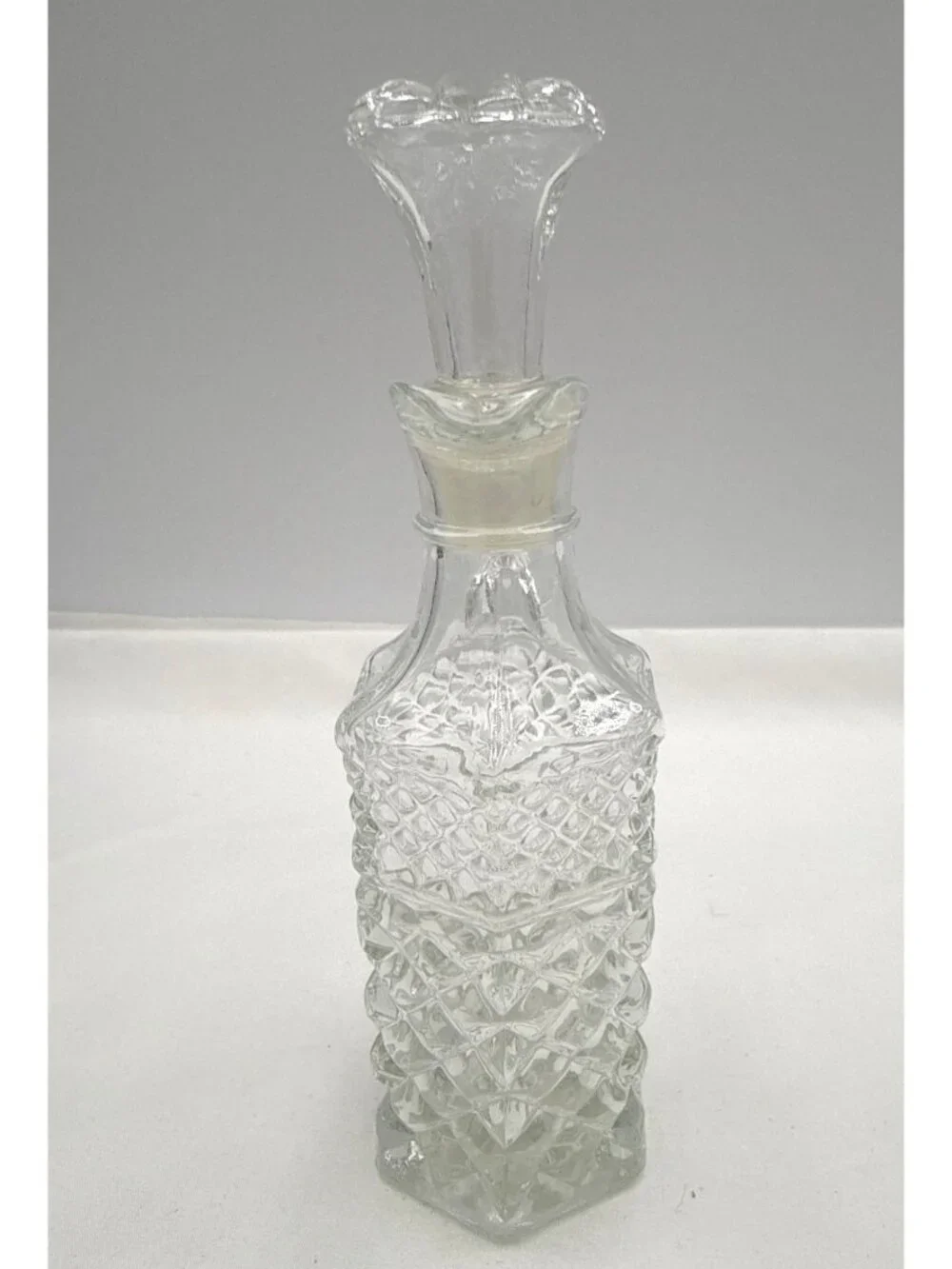 Vintage Glass Oil & Vinegar Cruet W/ Stopper Diamond Pattern Clear Glass